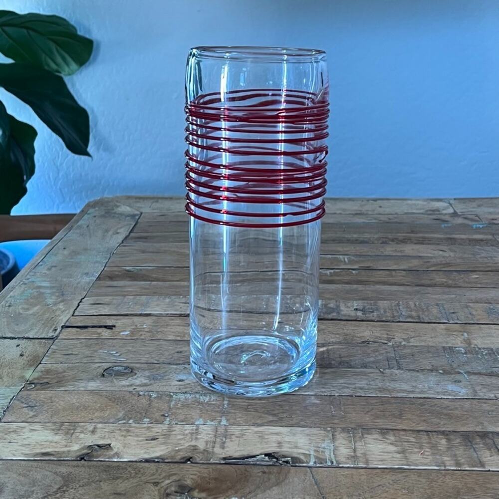 Vintage Pier 1 Imports Red Swirline Blown Glass Cylinder Art Vase 10"